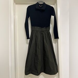 Retro High Waist Midi Dress with Long Sleeve Knit Top Black Olive XS